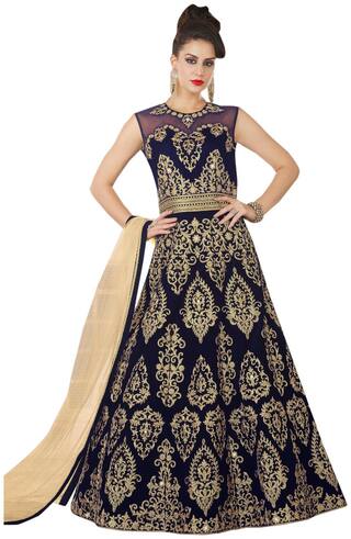Stylee Lifestyle Navy Blue Velvet Embroidered Dress Material