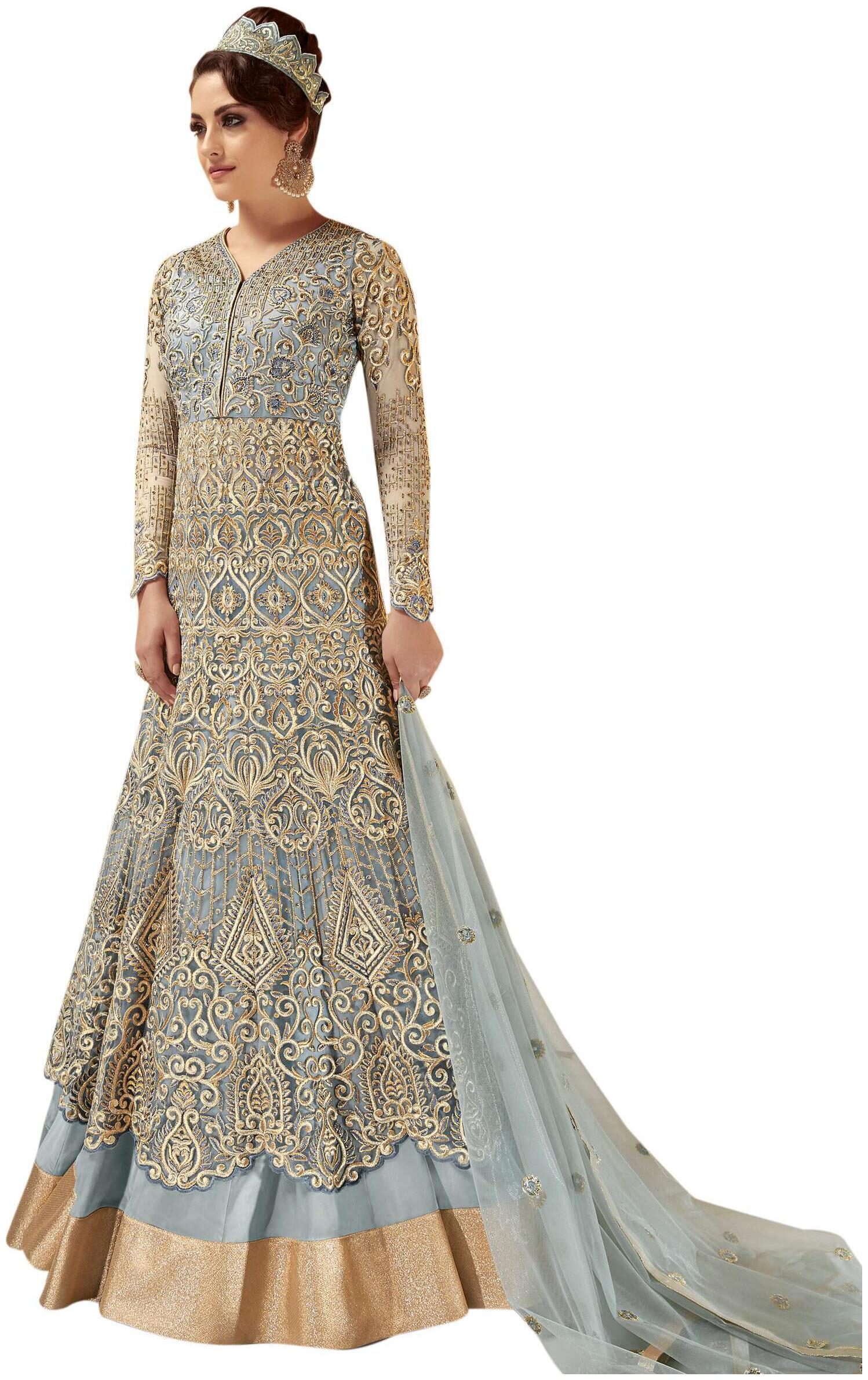 

Stylee Lifestyle Grey Net Embroidered Dress Material