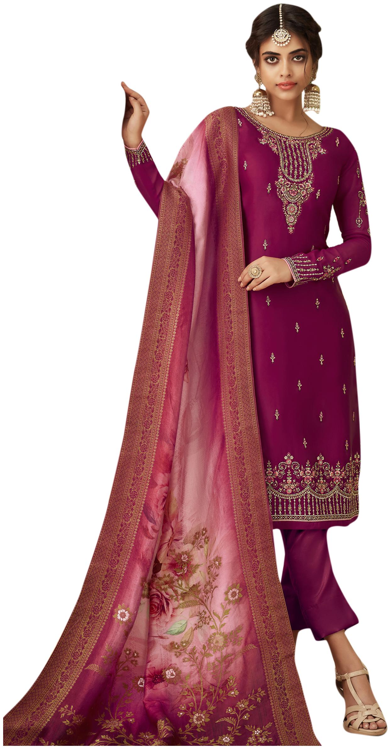

Stylee Lifestyle Women Satin Embroidered Semistiched Purple Dress Material