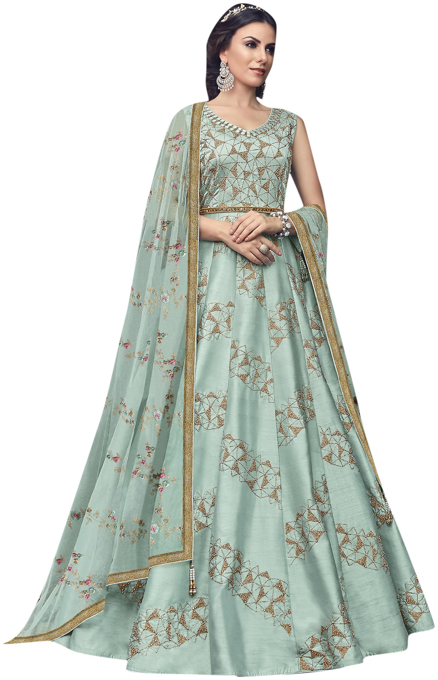 

Stylee Lifestyle Turquoise Raw Silk Embroidered Dress Material