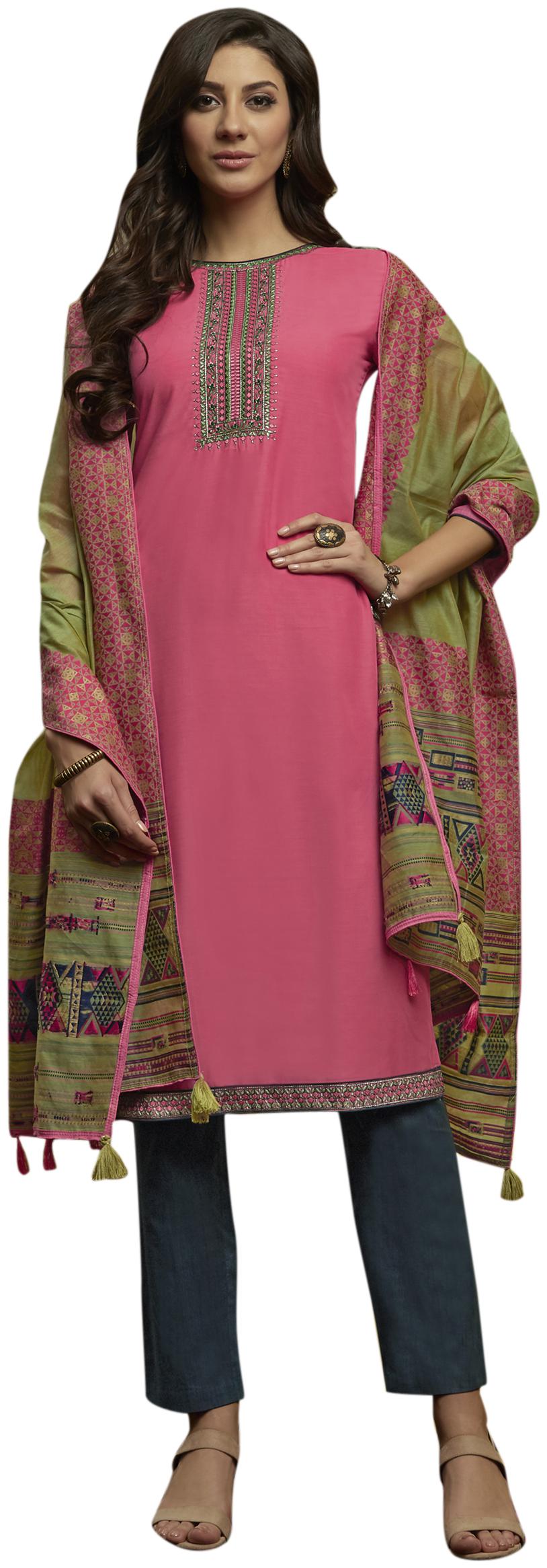 

Stylee Lifestyle Pink Unstitched Kurta with bottom dupatta With dupatta Dress Material