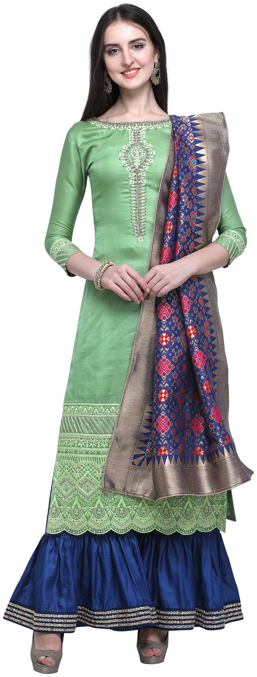 

Stylee Lifestyle Green Satin Embroidered Dress Material