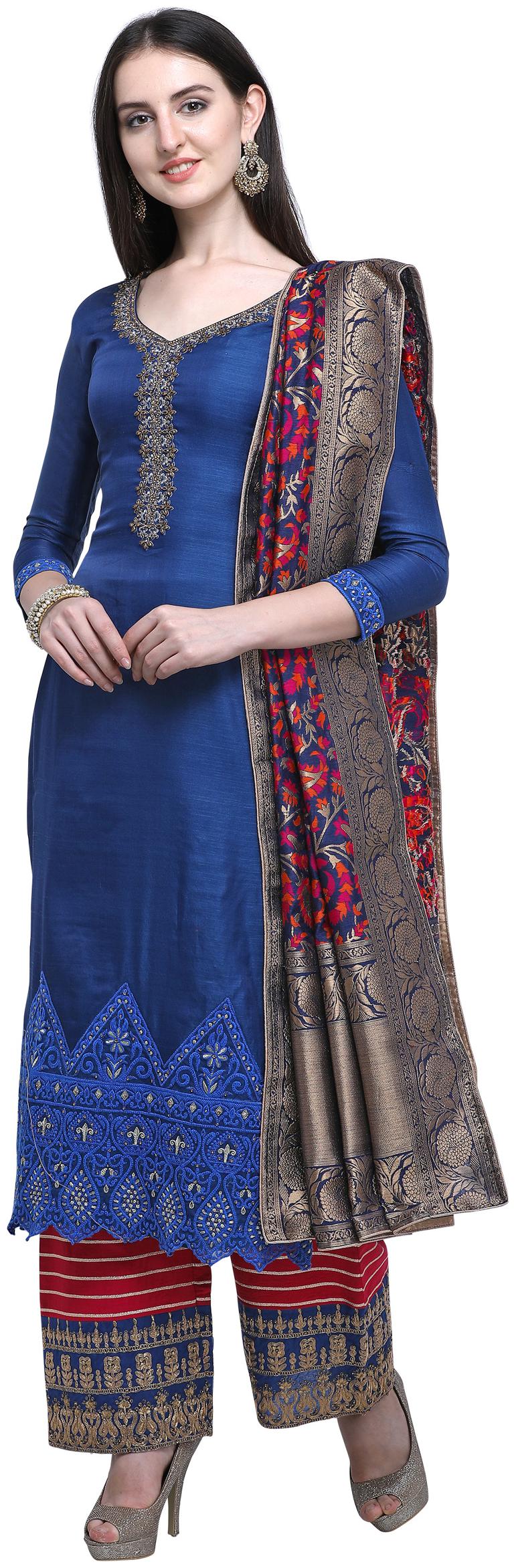 

Stylee Lifestyle Navy Blue Satin Embroidered Dress Material