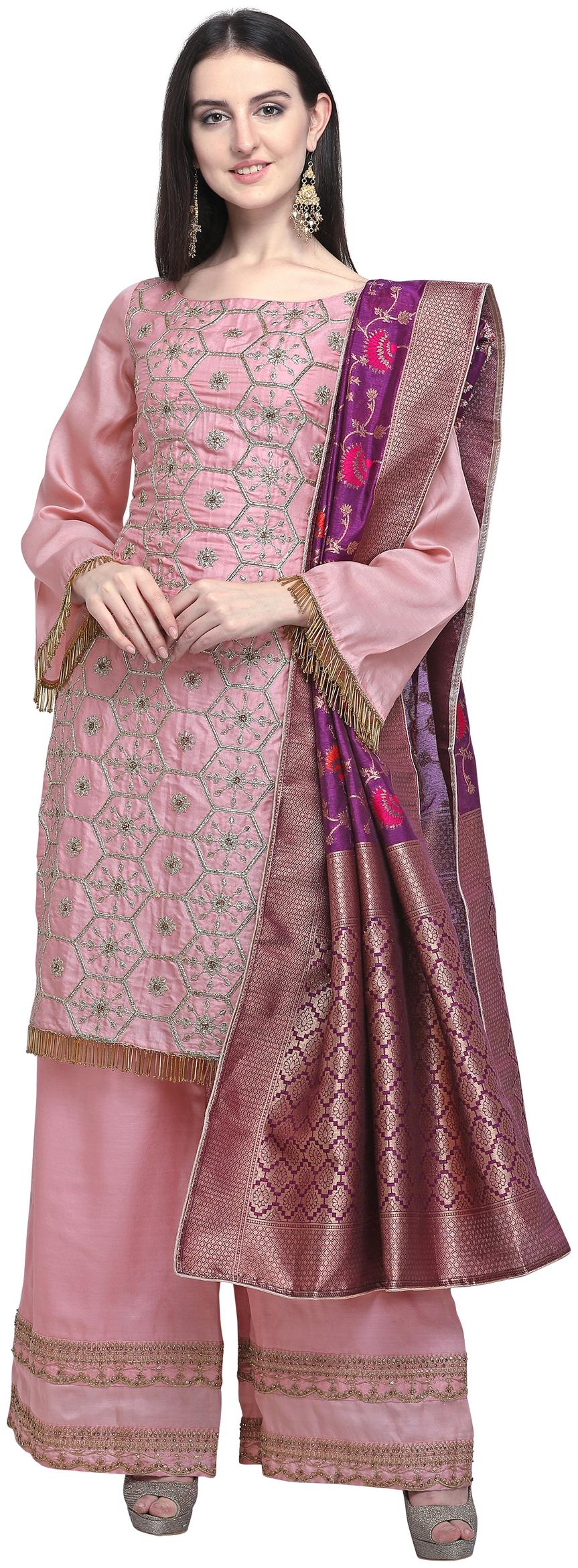 

Stylee Lifestyle Pink Satin Embroidered Dress Material