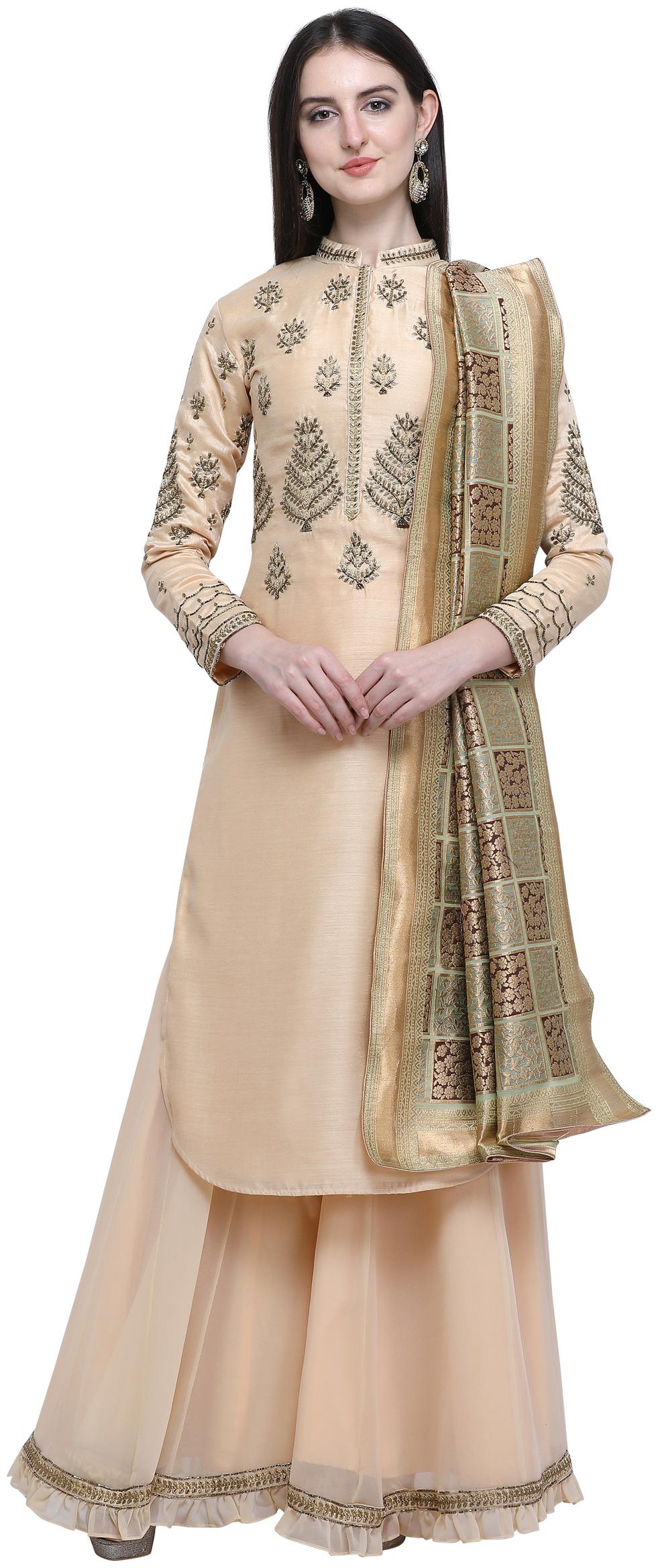 

Stylee Lifestyle Beige Satin Embroidered Dress Material