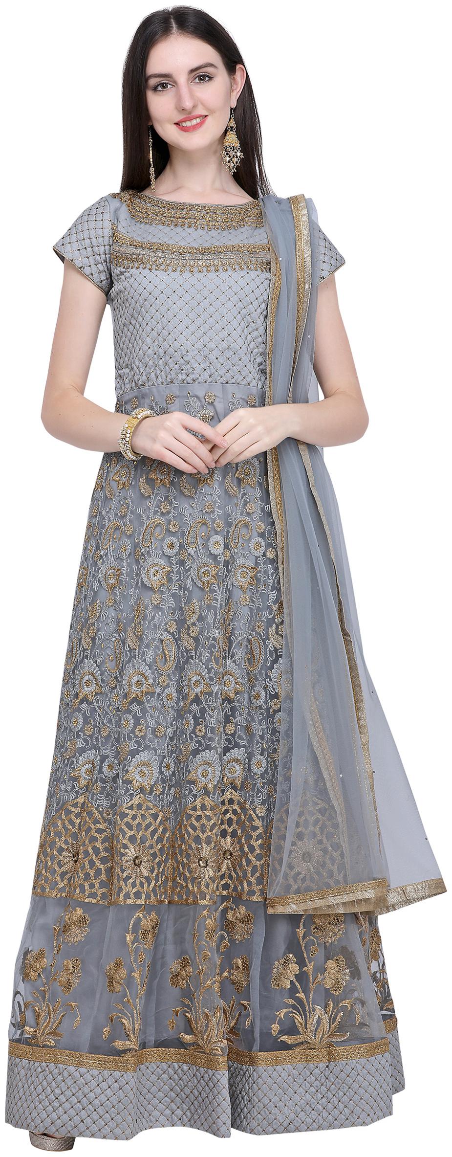 

Stylee Lifestyle Grey Net Embroidered Dress Material