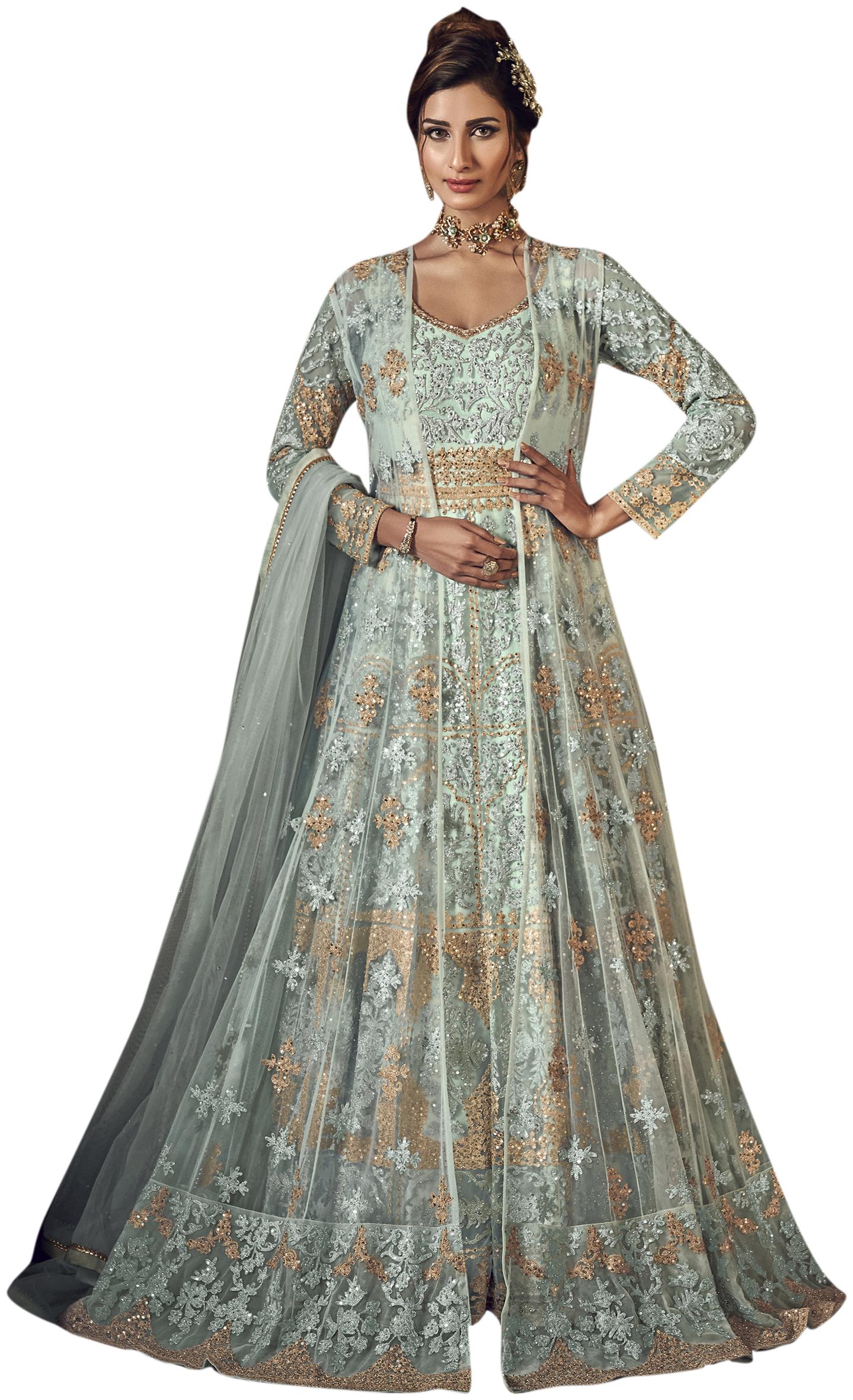 

Stylee Lifestyle Women Net Turquoise Dress Material
