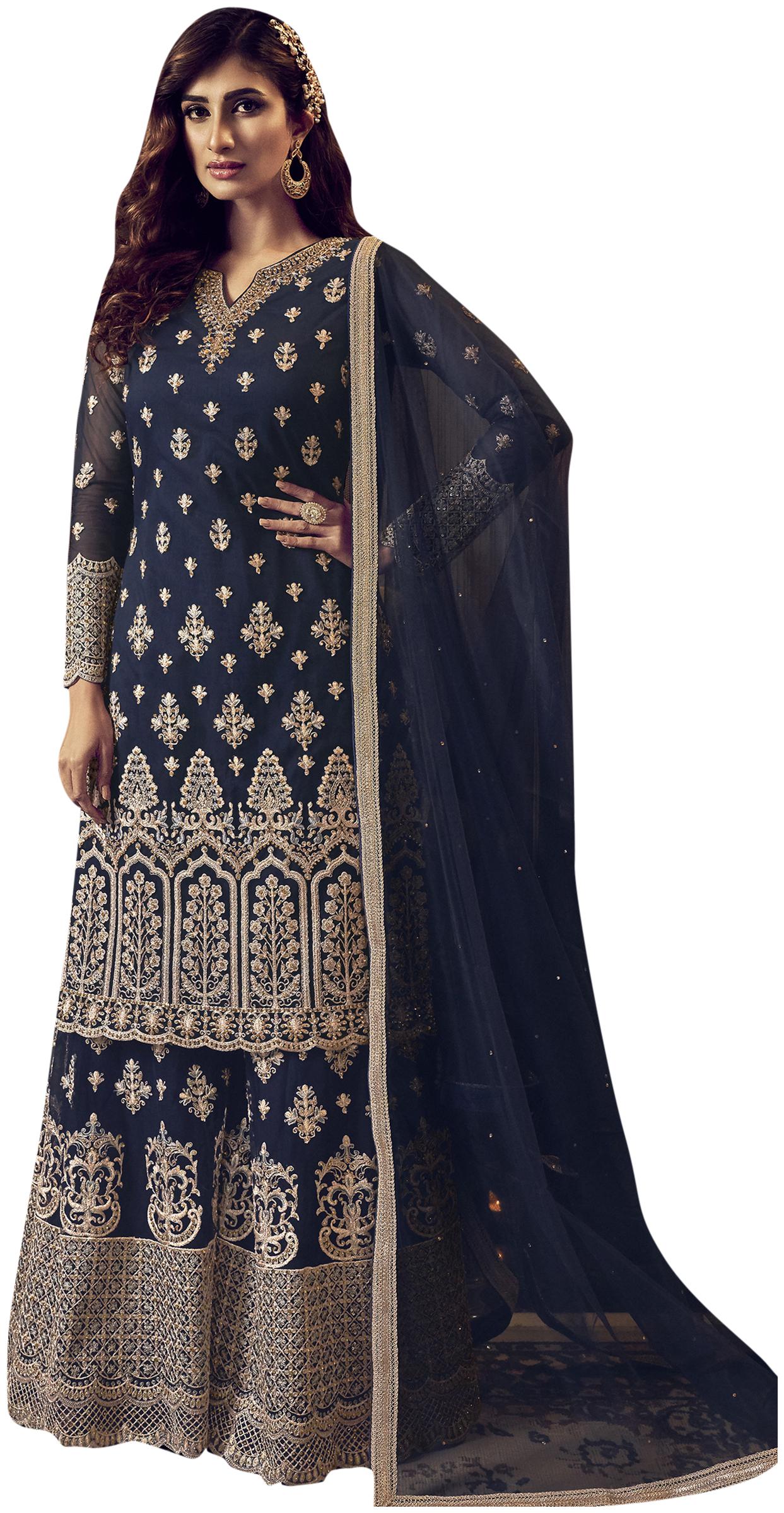 

Stylee Lifestyle Women Net Navy Blue Dress Material
