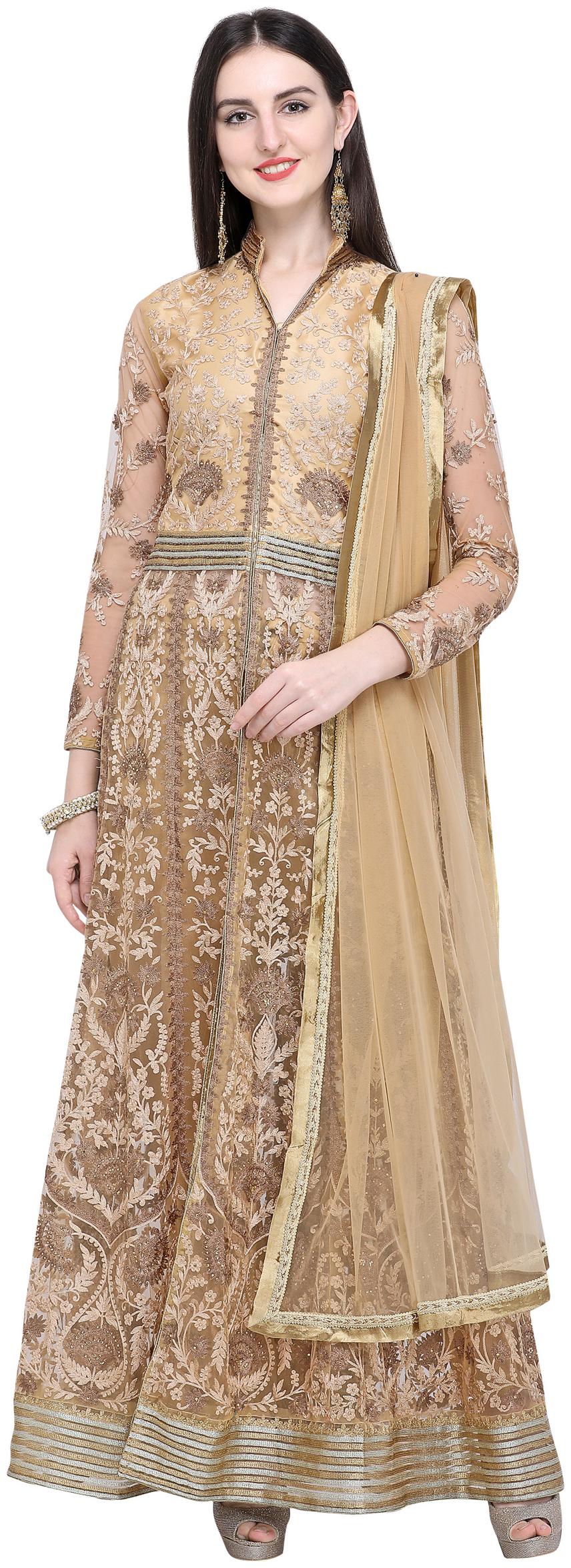 

Stylee Lifestyle Beige Net Embroidered Dress Material