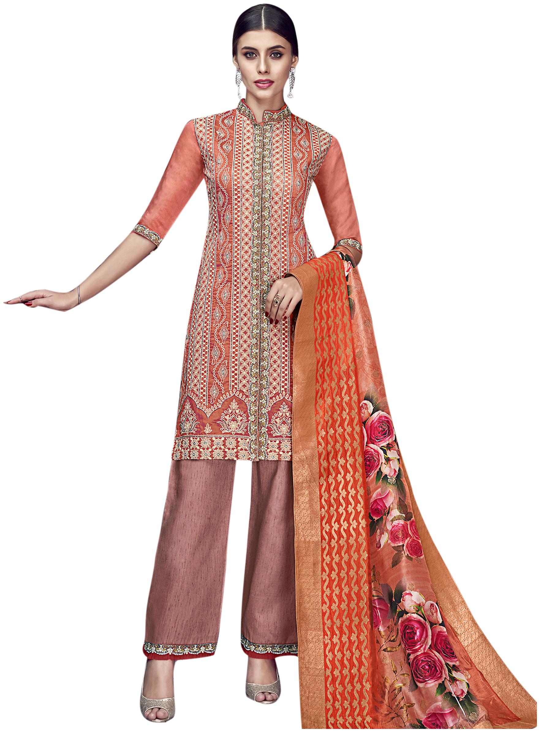 

Stylee Lifestyle Women Chanderi Embroidered Kurta Bottom Dupatta Orange Brown