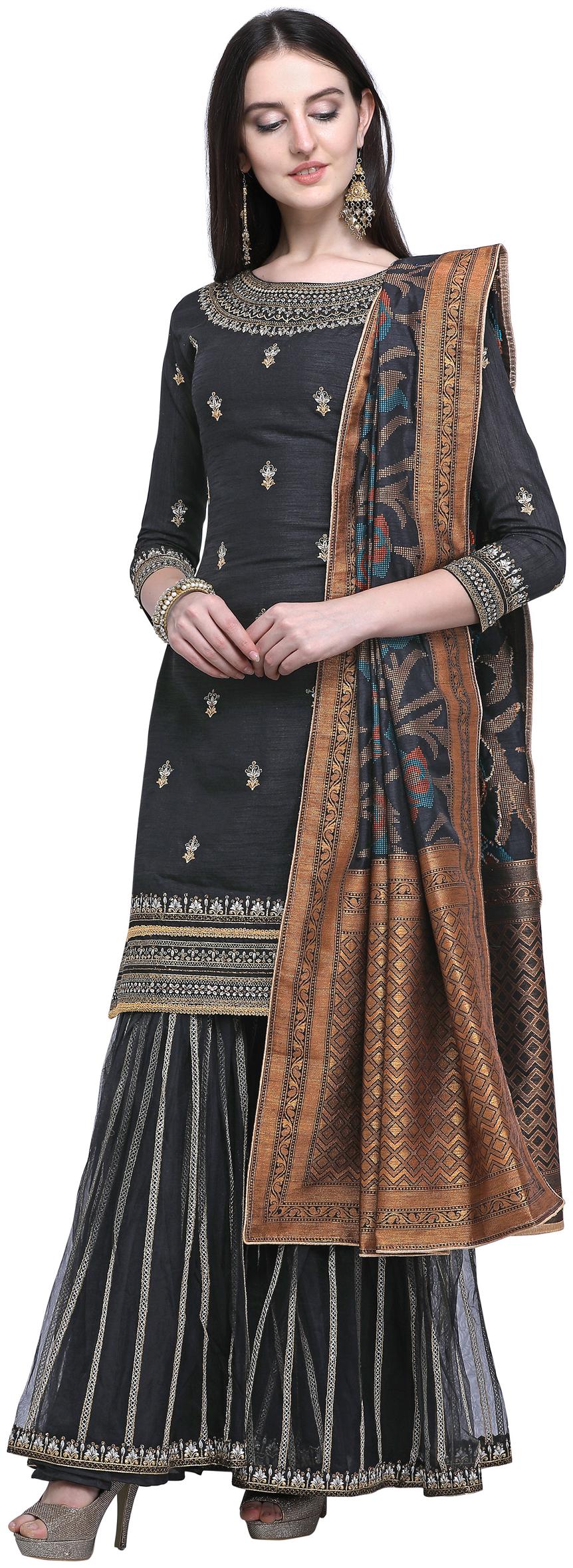 

Stylee Lifestyle Black Raw Silk Embroidered Dress Material