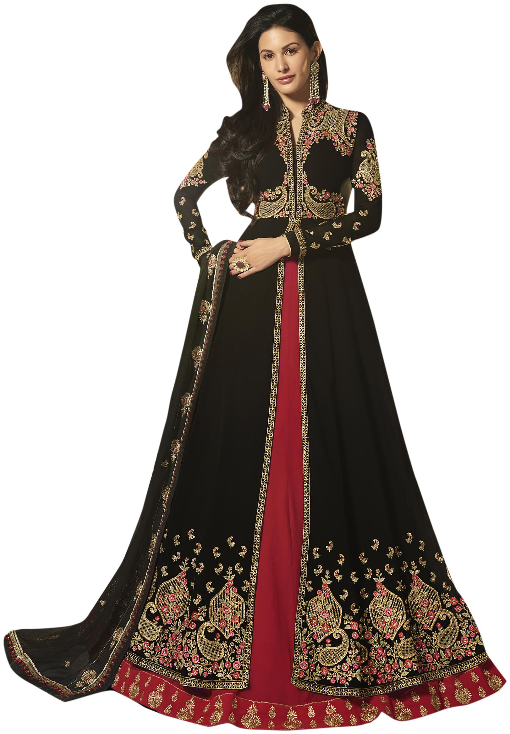 

Stylee Lifestyle Black Georgette Embroidered Dress Material