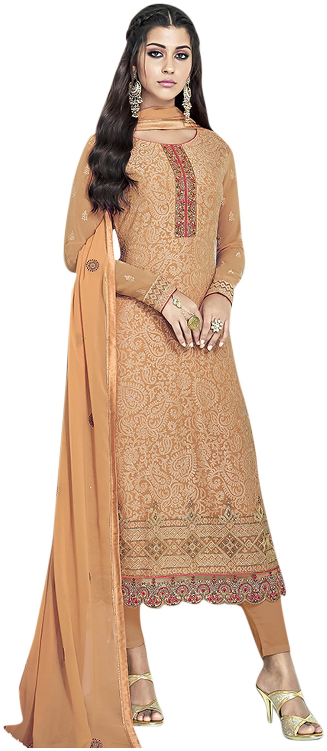 

Stylee Lifestyle Georgette Floral Kurta Bottom Dupatta Orange