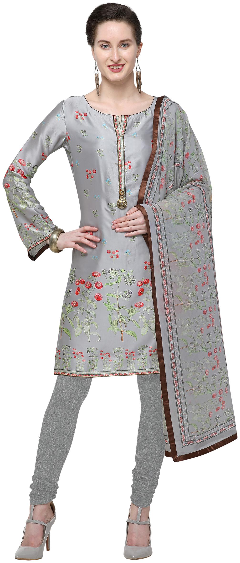 

Stylee Lifestyle Grey Satin Printed Dress Material