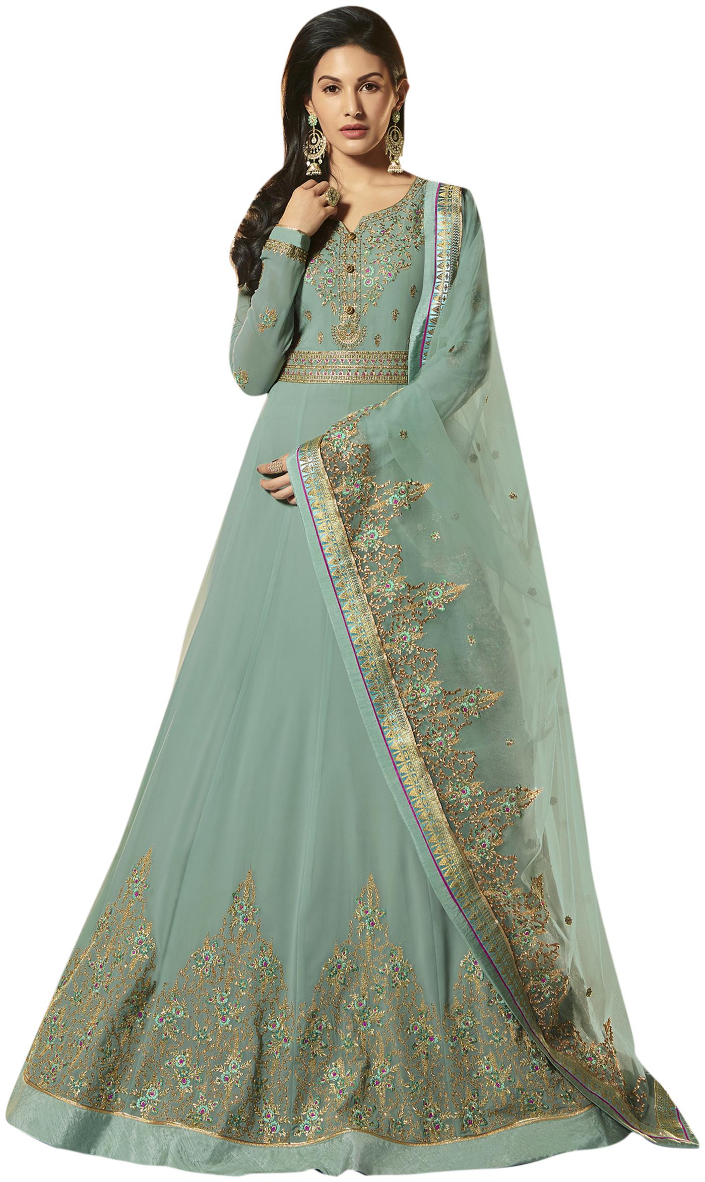 

Stylee Lifestyle Green Georgette Embroidered Dress Material