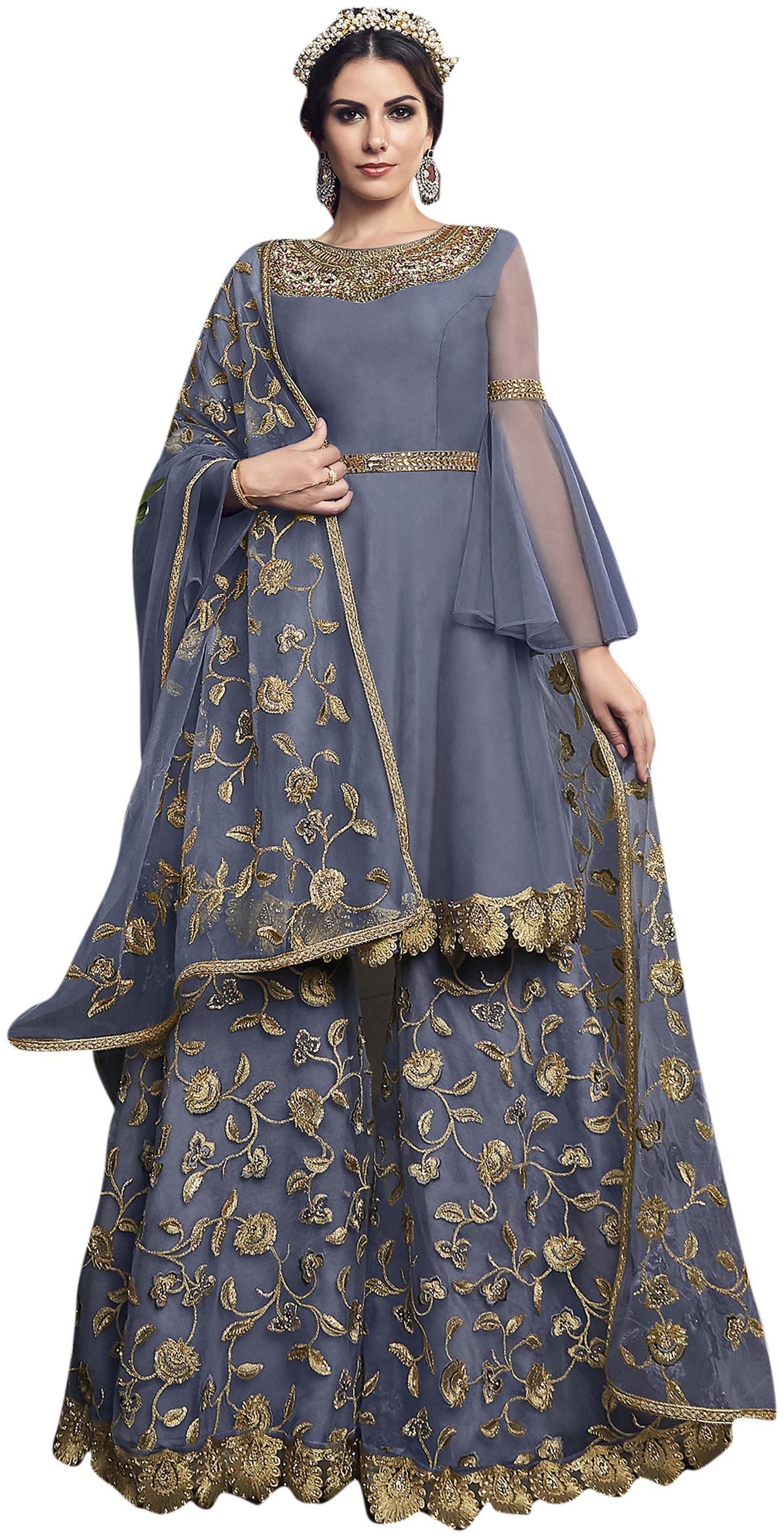 

Stylee Lifestyle Grey Net Embroidered Dress Material