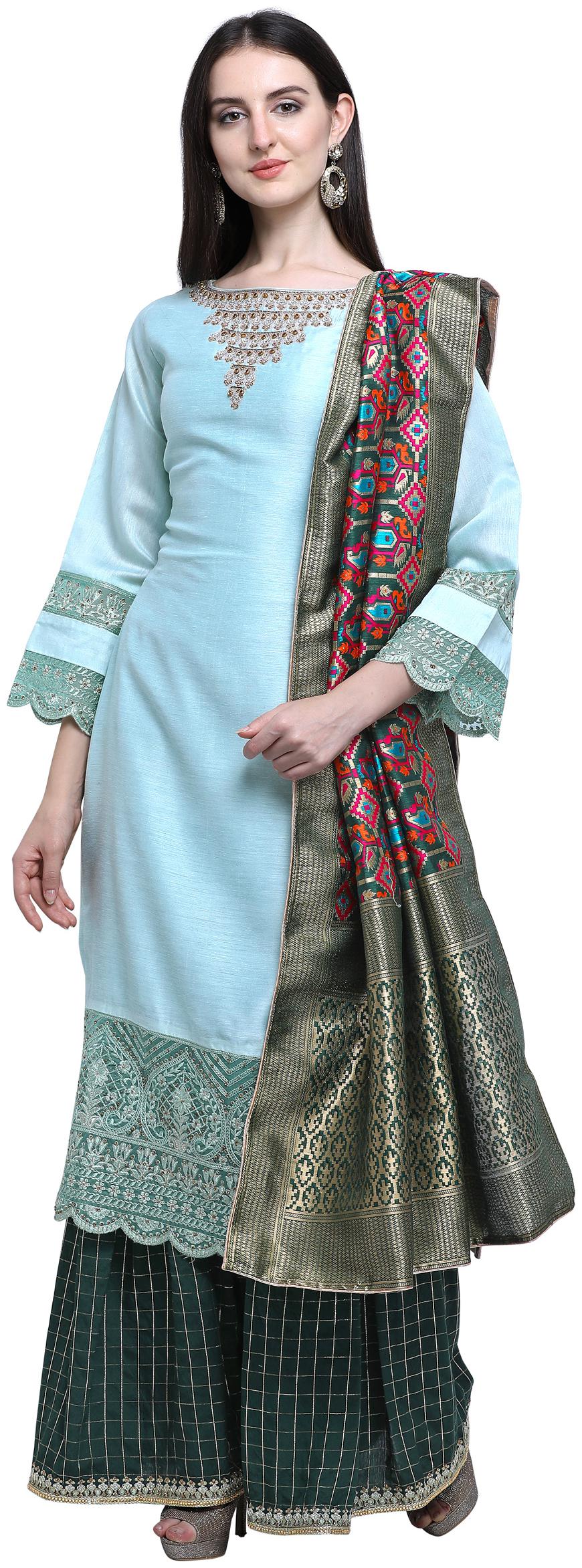 

Stylee Lifestyle Green Satin Embroidered Dress Material