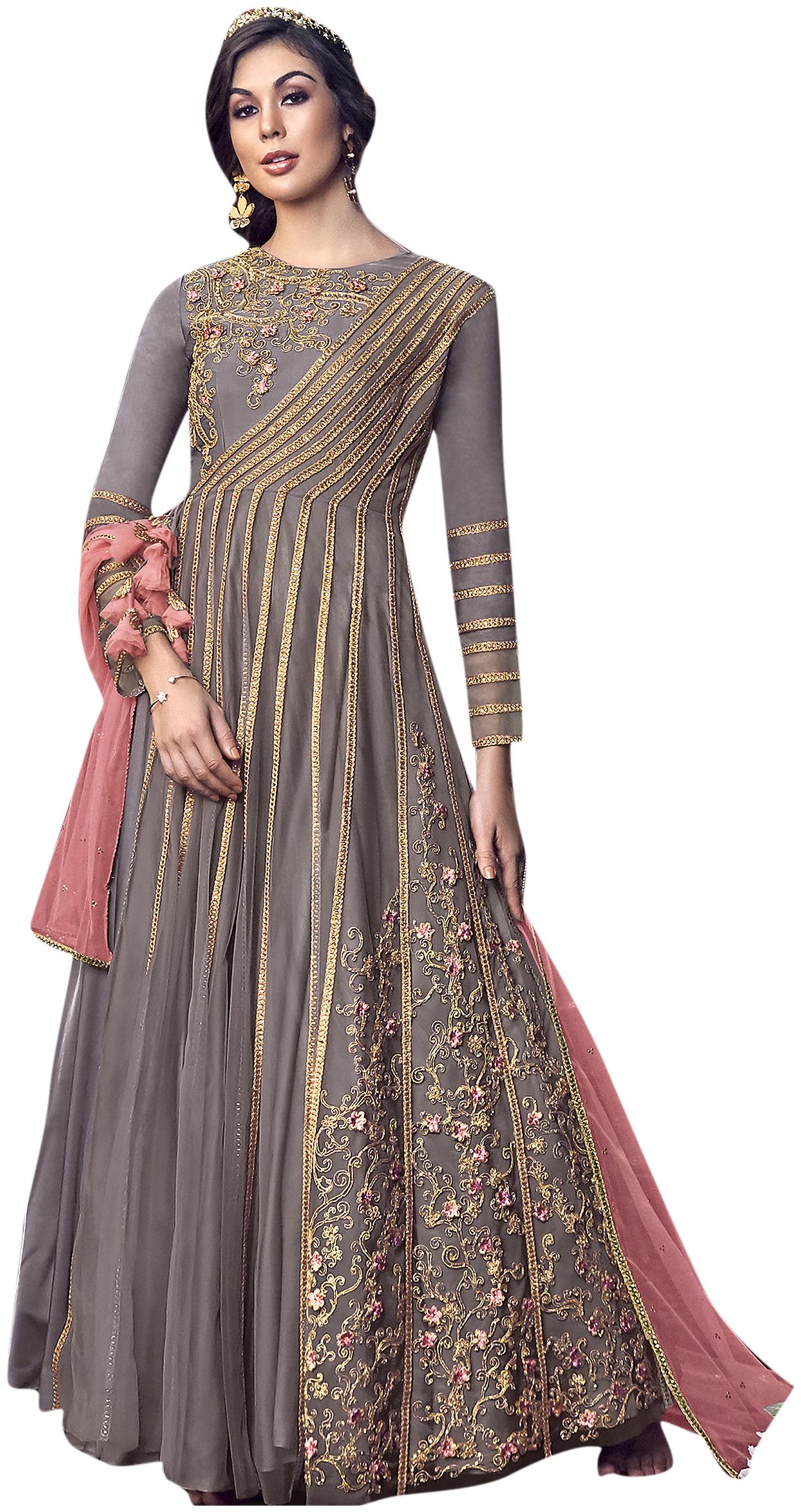 

Stylee Lifestyle Grey Net Embroidered Dress Material