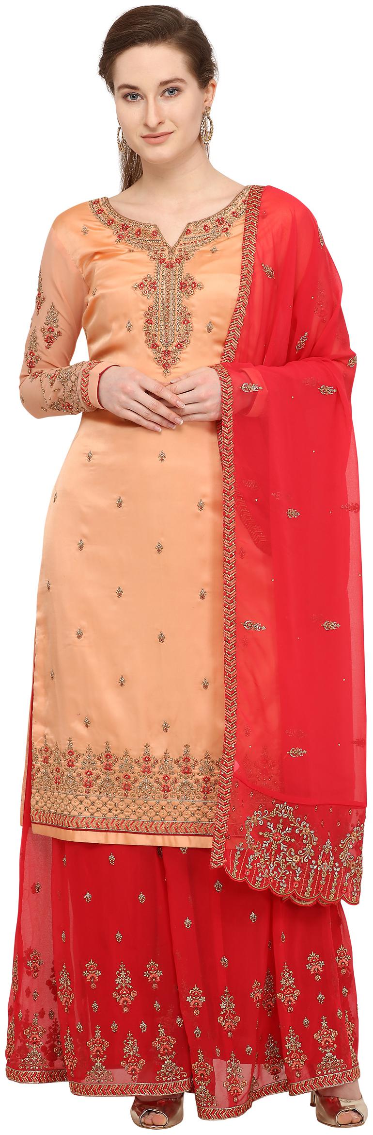 

Stylee Lifestyle Satin Floral Partywear Dress Material Peach Pink color