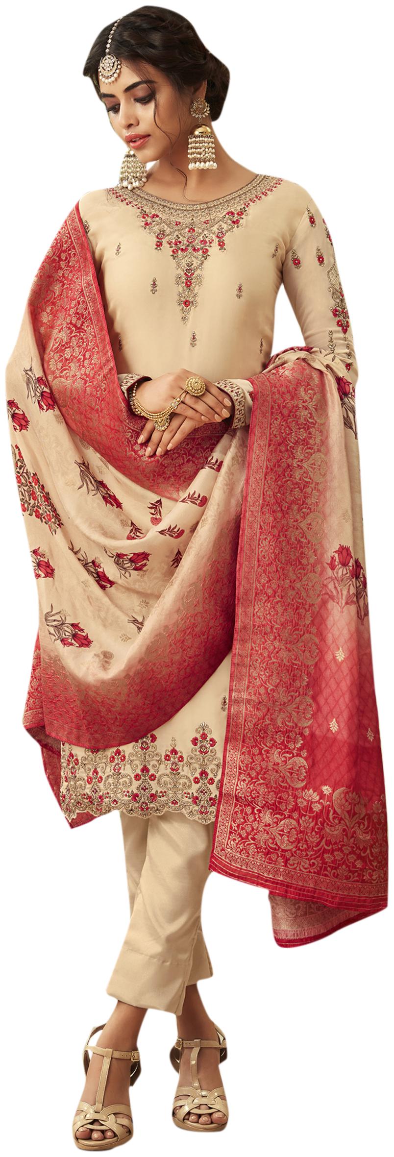 

Stylee Lifestyle Women Satin Embroidered Semistiched Beige Dress Material