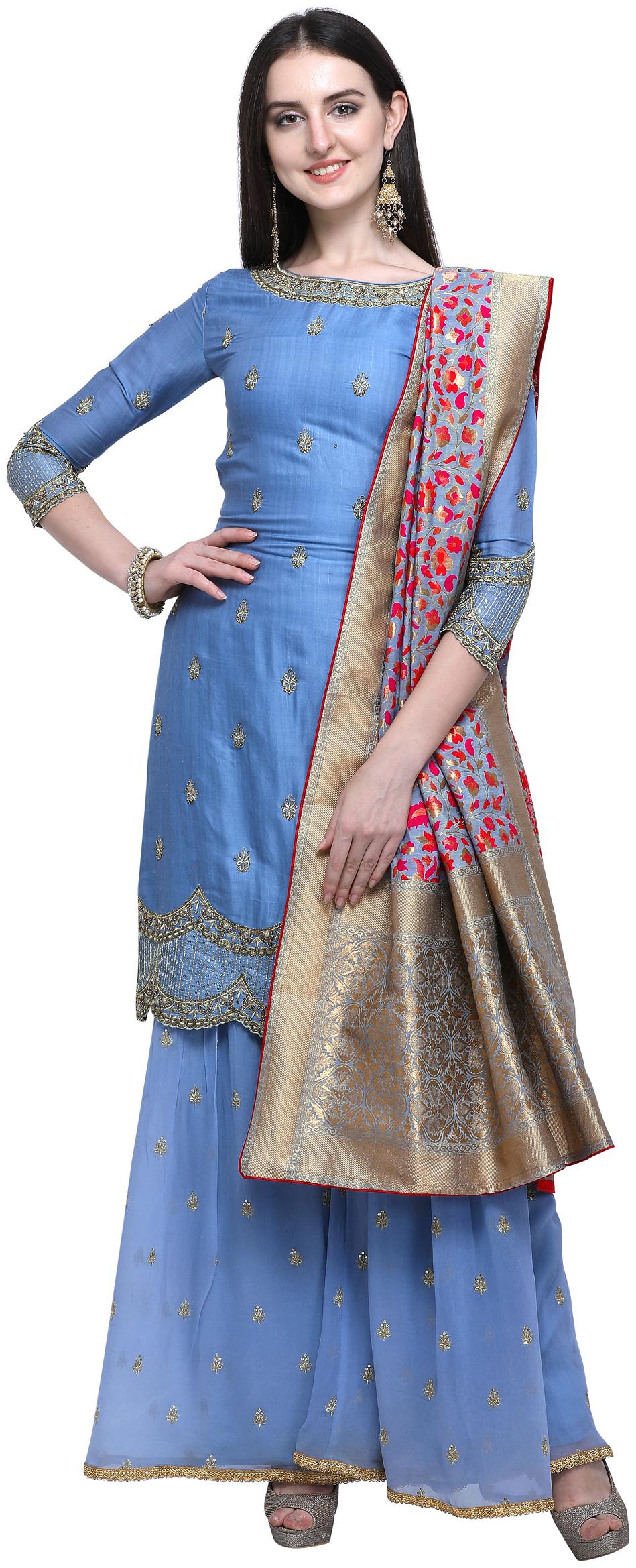 

Stylee Lifestyle Blue Satin Embroidered Dress Material