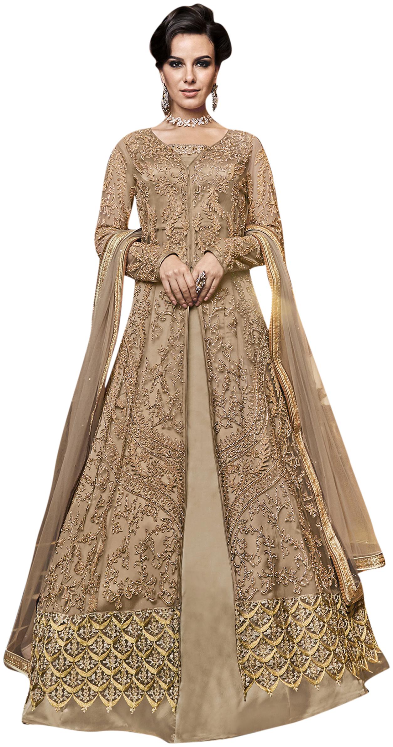 

Stylee Lifestyle Women Net Embroidered Semistiched Beige Dress Material
