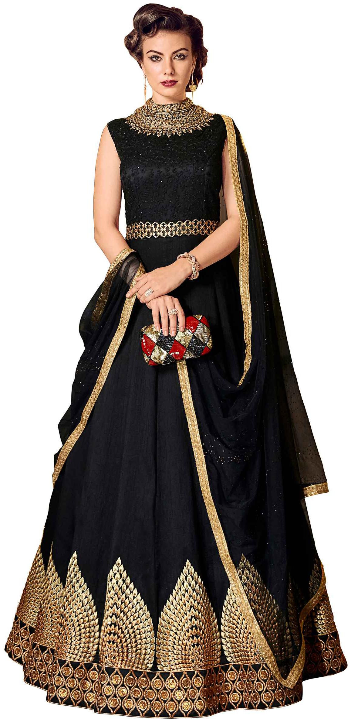 

Stylee Lifestyle Black Raw Silk Embroidered Dress Material