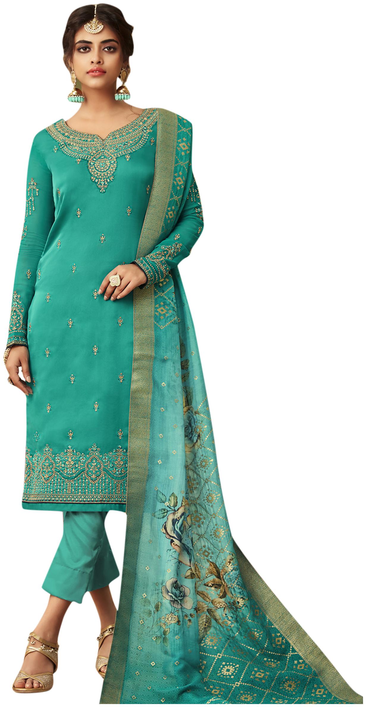 

Stylee Lifestyle Women Satin Embroidered Semistiched Green Dress Material