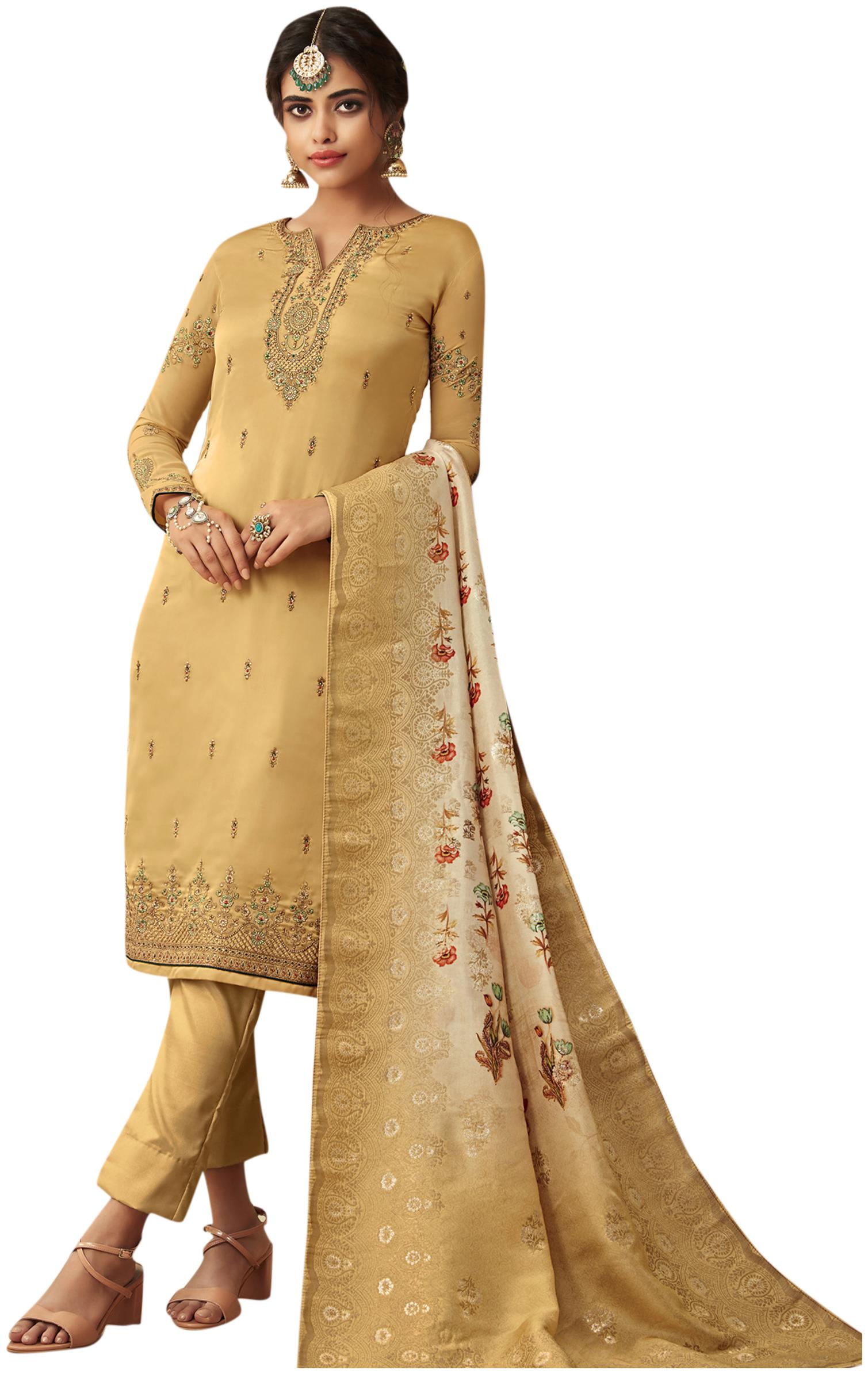 

Stylee Lifestyle Women Satin Embroidered Semistiched Yellow Dress Material