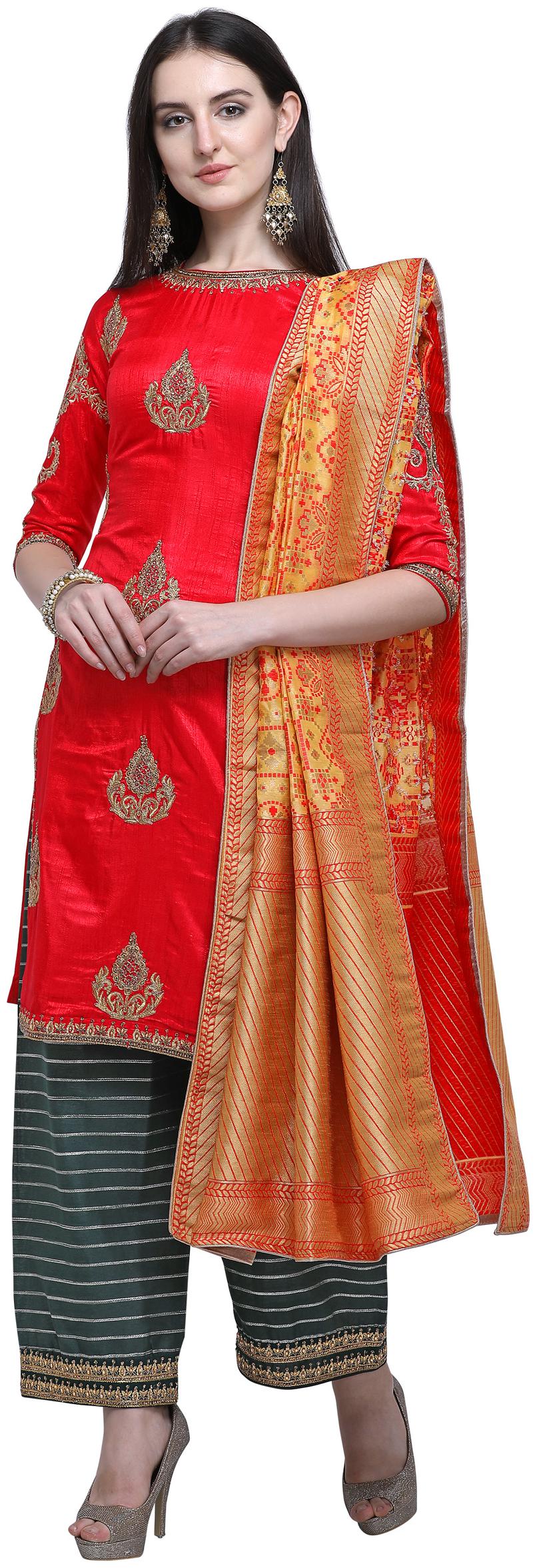 

Stylee Lifestyle Red Satin Embroidered Dress Material