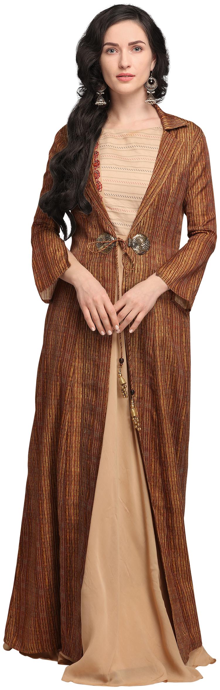 

Stylee Lifestyle Beige Linen Satin Printed Gown
