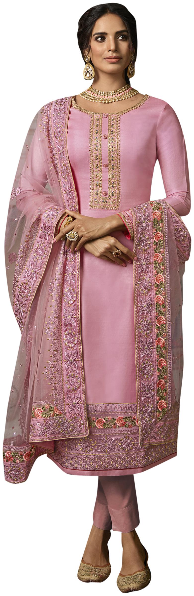 

Stylee Lifestyle Women Tussar Silk Pink Dress Material