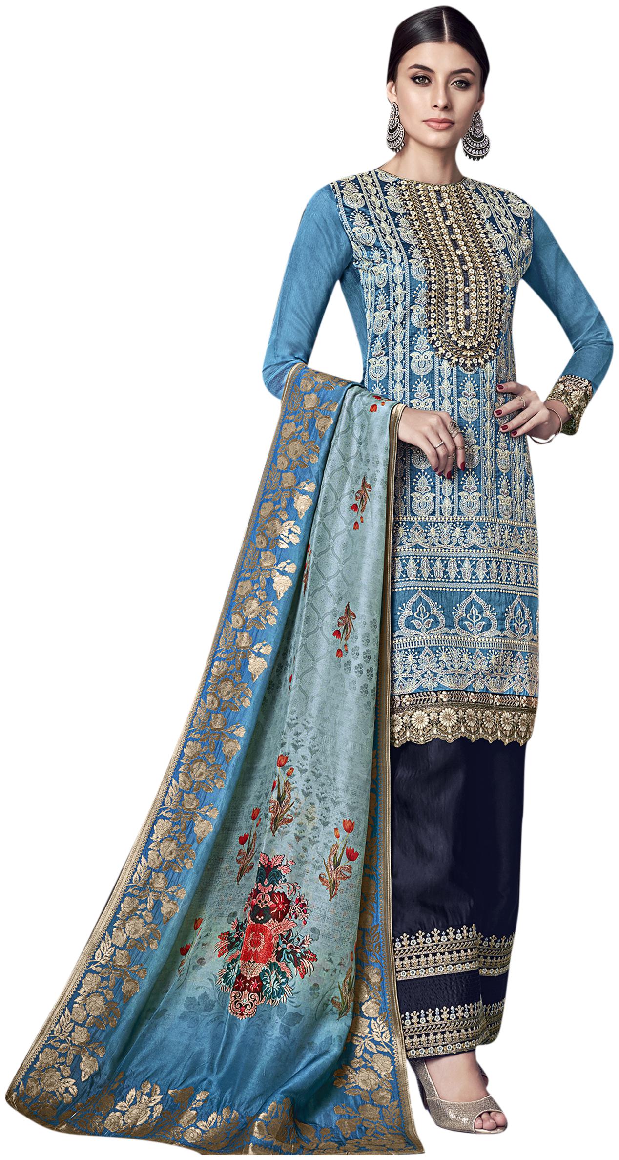 

Stylee Lifestyle Women Chanderi Embroidered Kurta Bottom Dupatta Blue