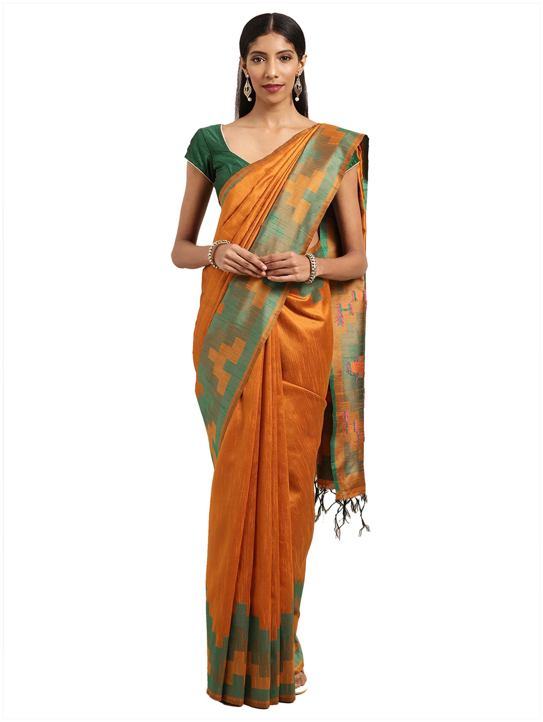 

Stylee Lifestyle Orange Ikkat Silk Jacquard Saree