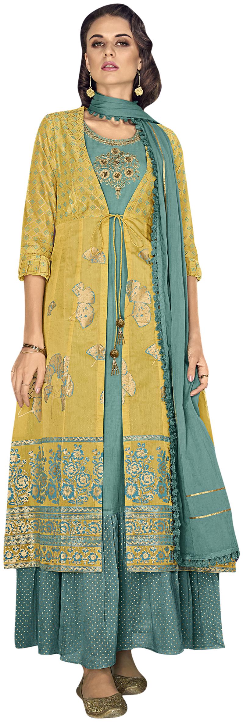 

Stylee Lifestyle Women Chanderi Silk Yellow Dress Material