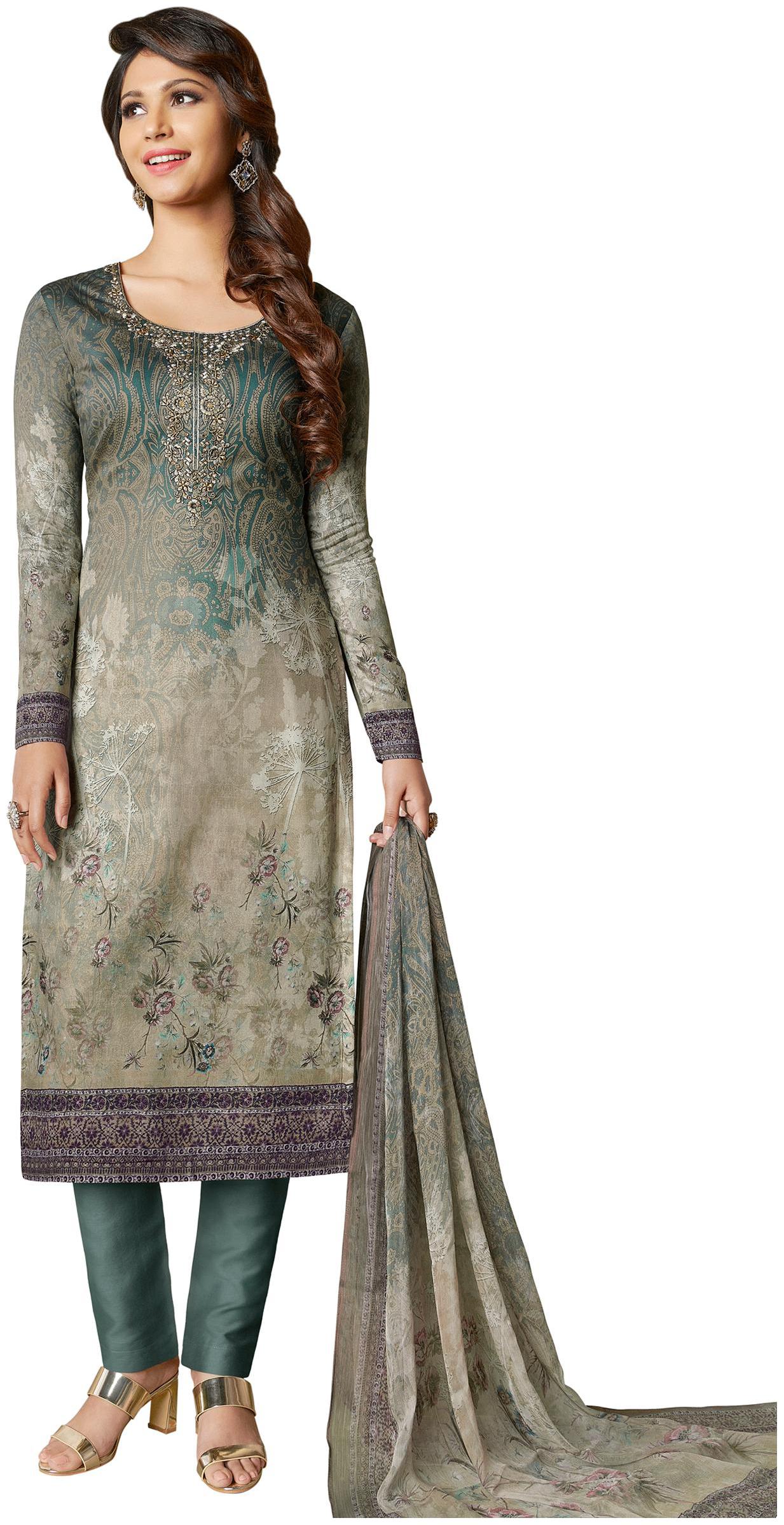 

Stylee Lifestyle Grey Cotton Satin Embroidered Dress Material
