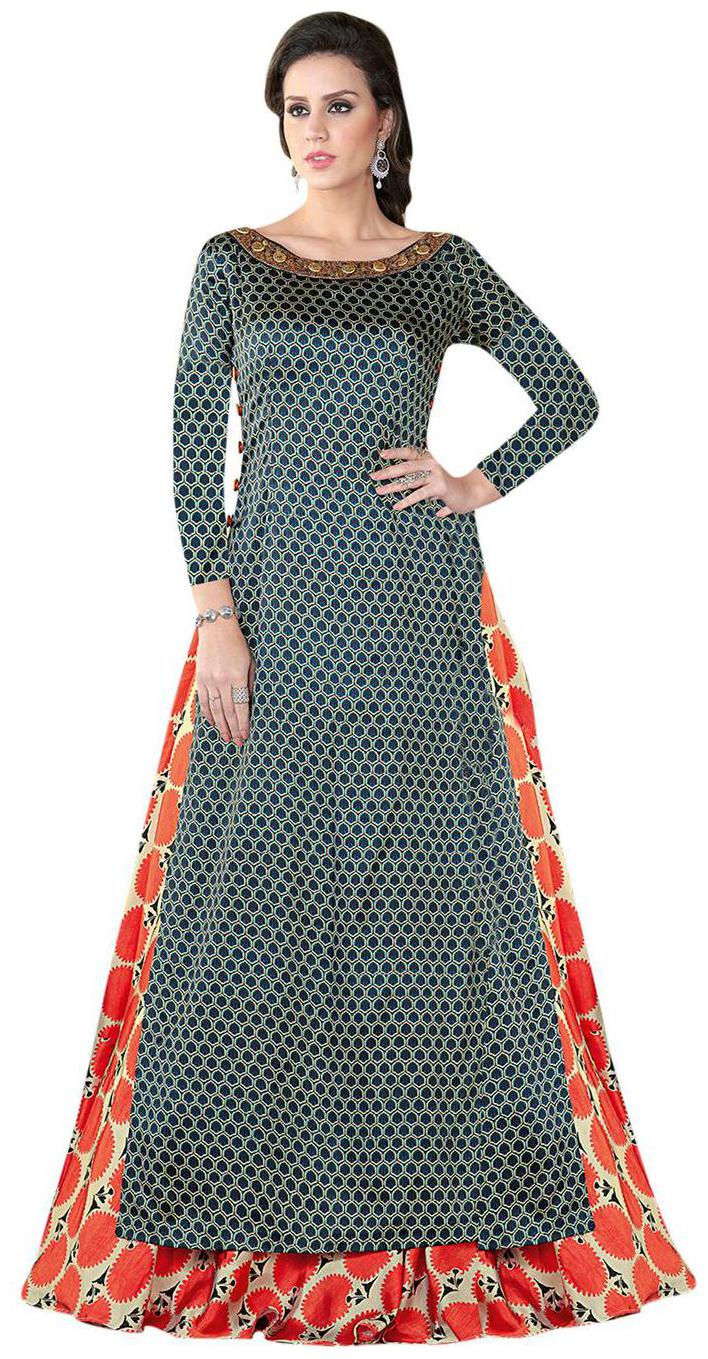 

Stylee Lifestyle Navy Blue Satin Embroidered Gown