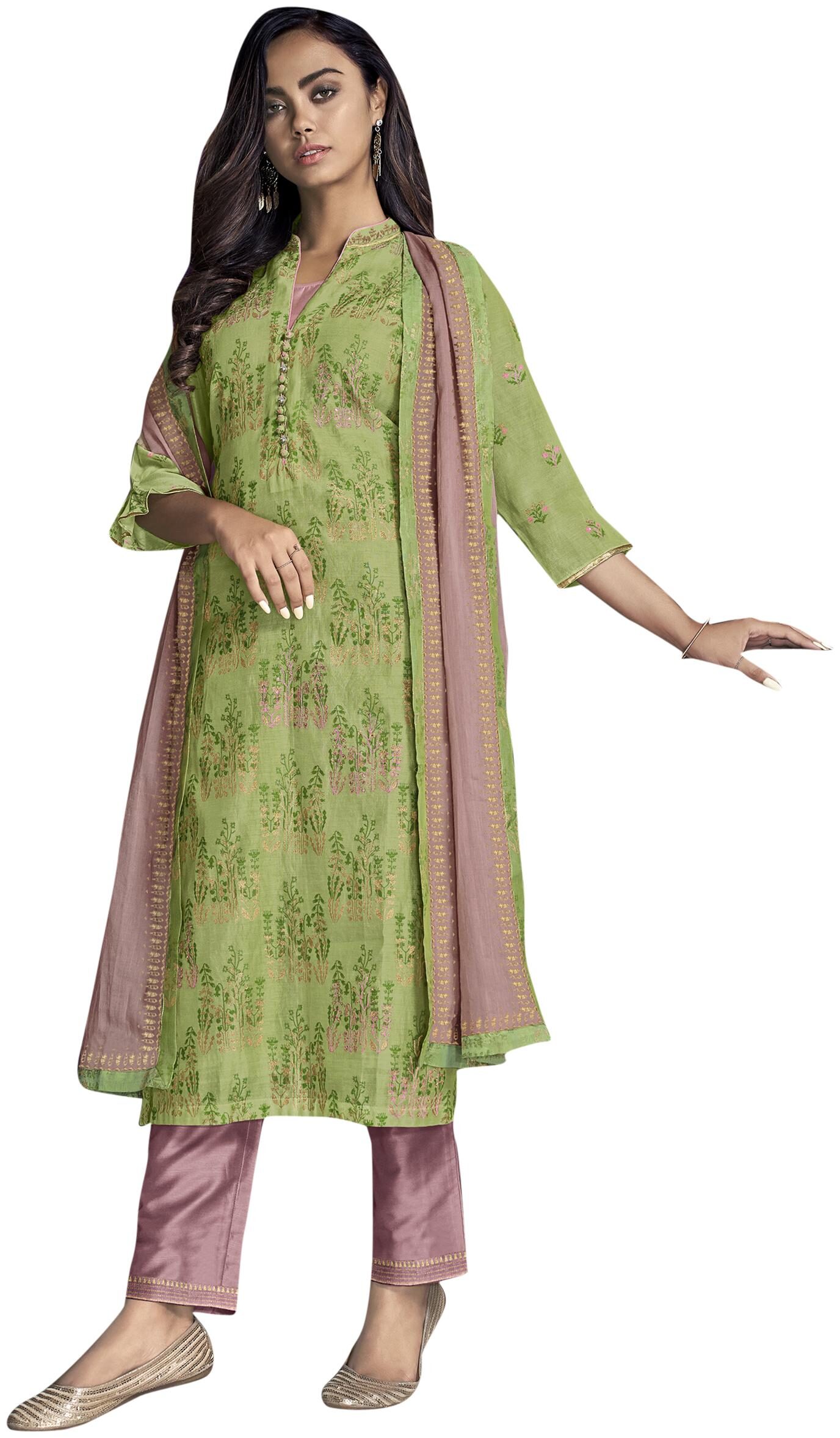 

Stylee Lifestyle Women Chanderi Silk Green Dress Material