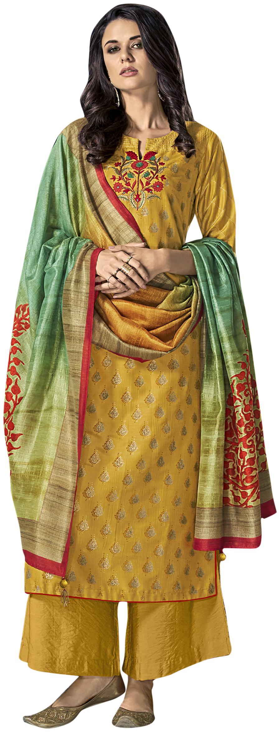 

Stylee Lifestyle Women Chanderi Silk Yellow Dress Material