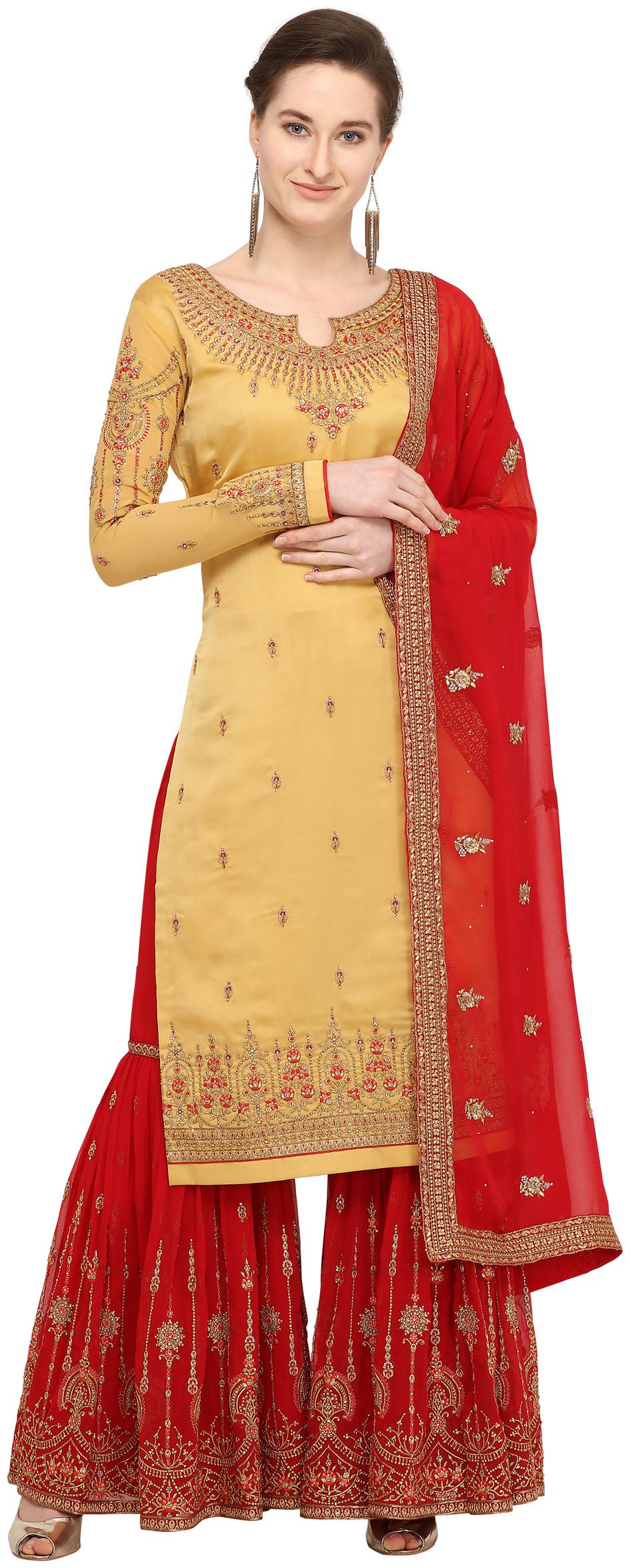 

Stylee Lifestyle Satin Floral Partywear Dress Material Yellow Red color