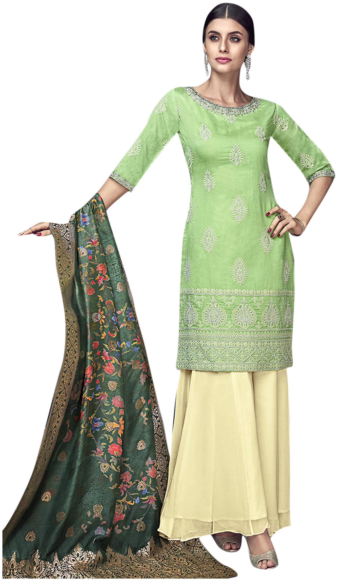 

Stylee Lifestyle Women Chanderi Embroidered Kurta Bottom Dupatta Green Beige