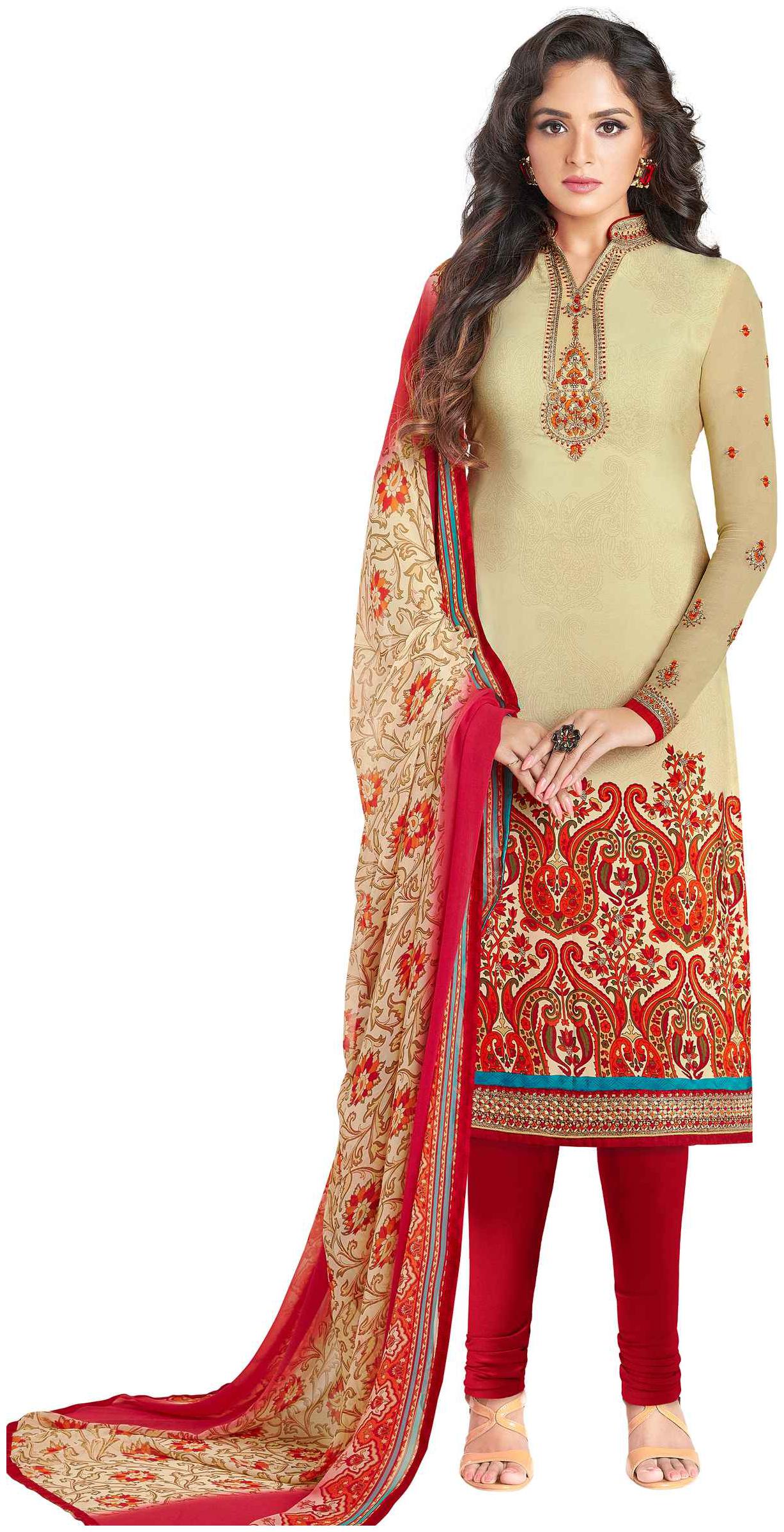 

Stylee Lifestyle Beige Crepe Embroidered Dress Material