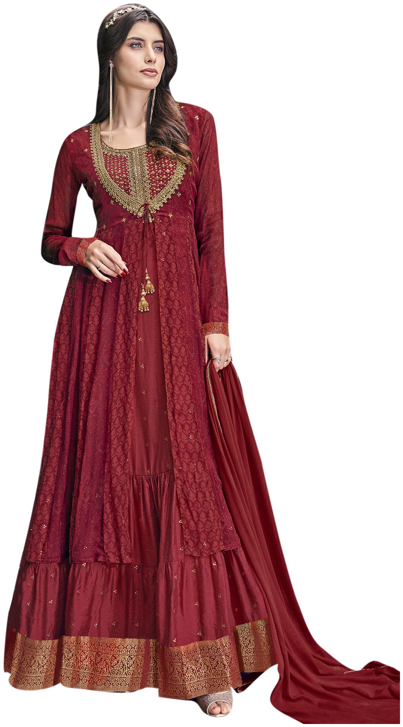 

Stylee Lifestyle Women Chiffon Embroidered Kurta with Bottom Dupatta Maroon