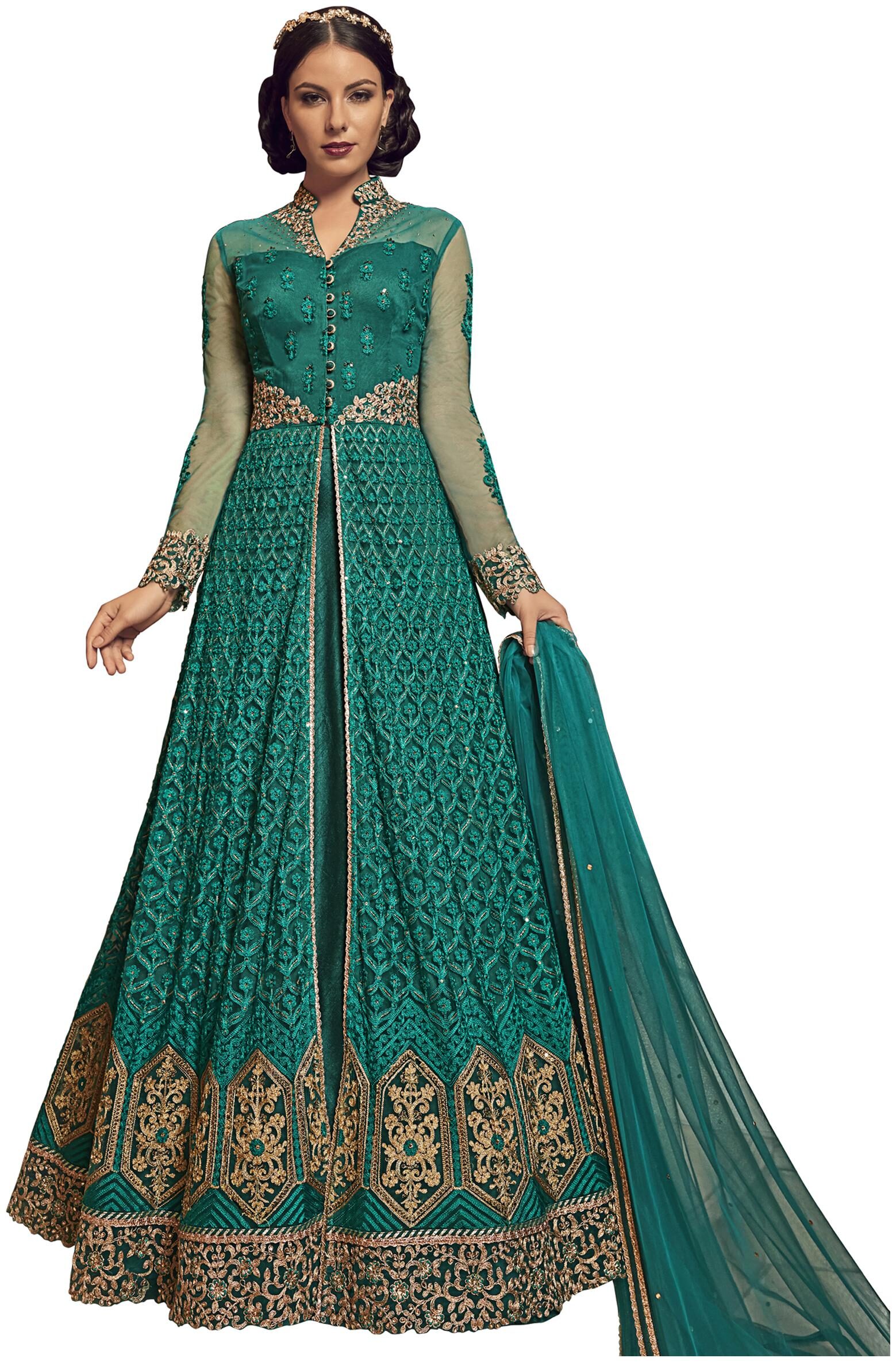 

Stylee Lifestyle Green Net Embroidered Dress Material