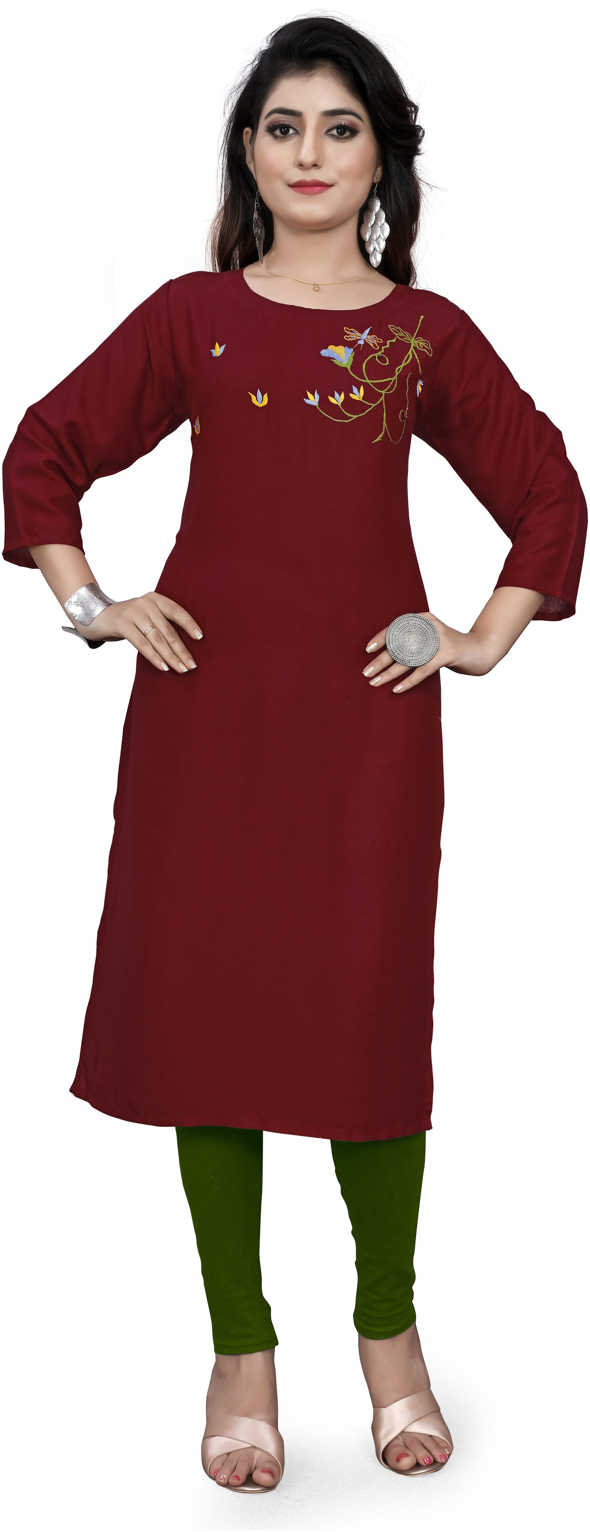 

STYLEOO Women Embroided Rayon kurti Maroon-L