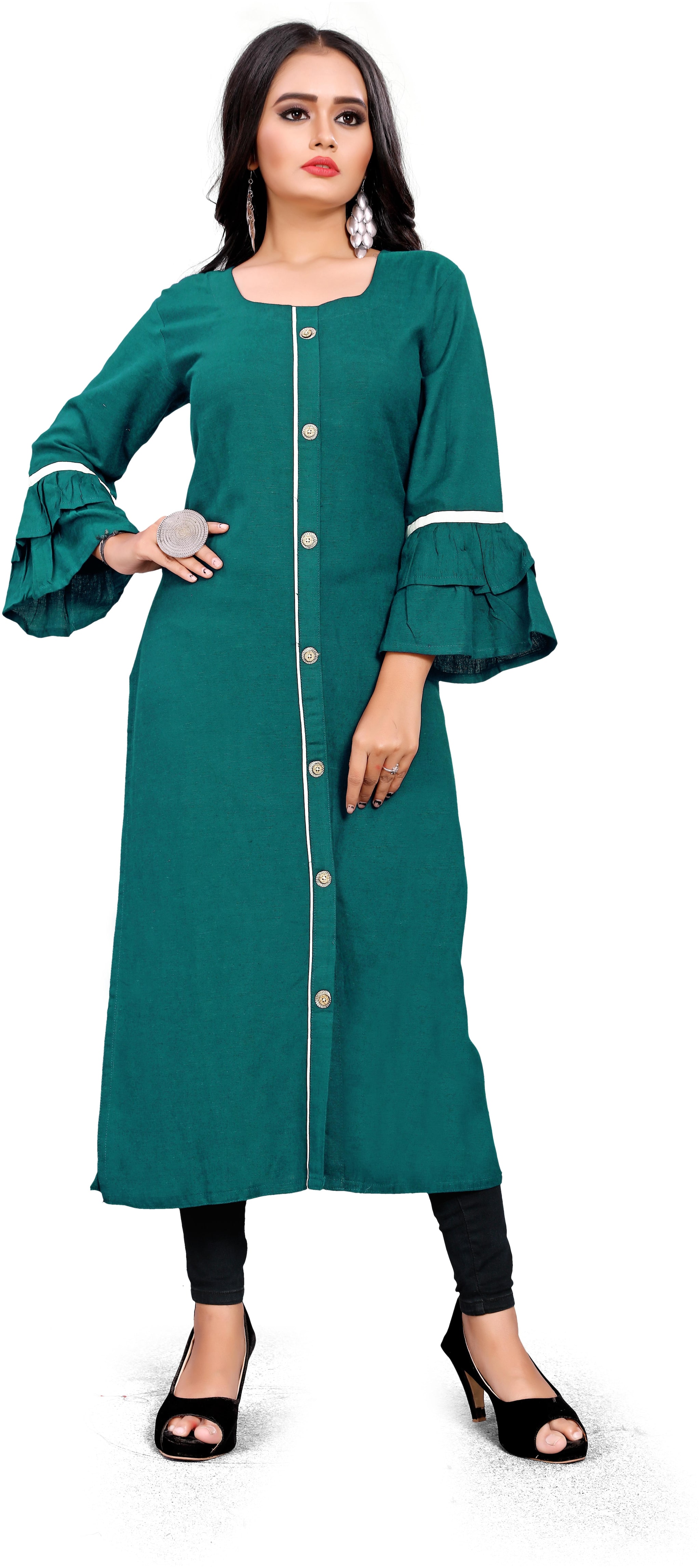 

STYLEOO Women Green Solid Straight Kurti
