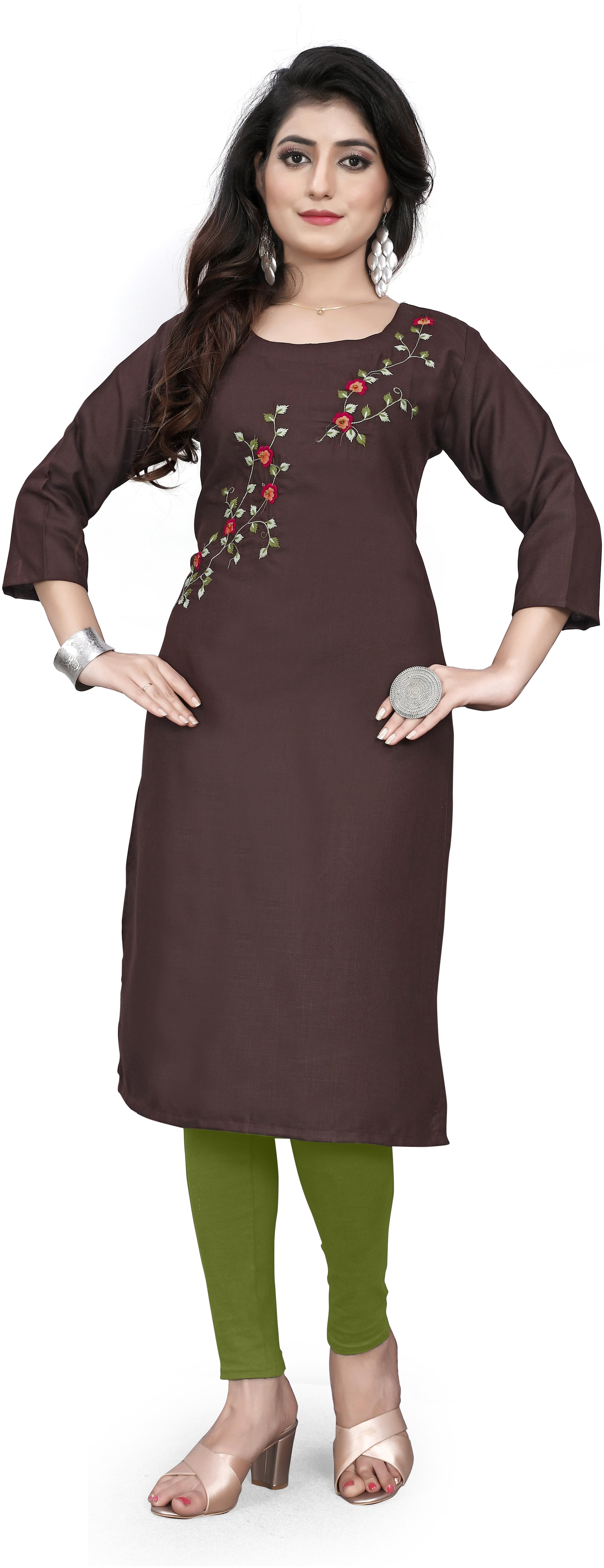 

STYLEOO Women Embroided Rayon Slub kurti Brown-M