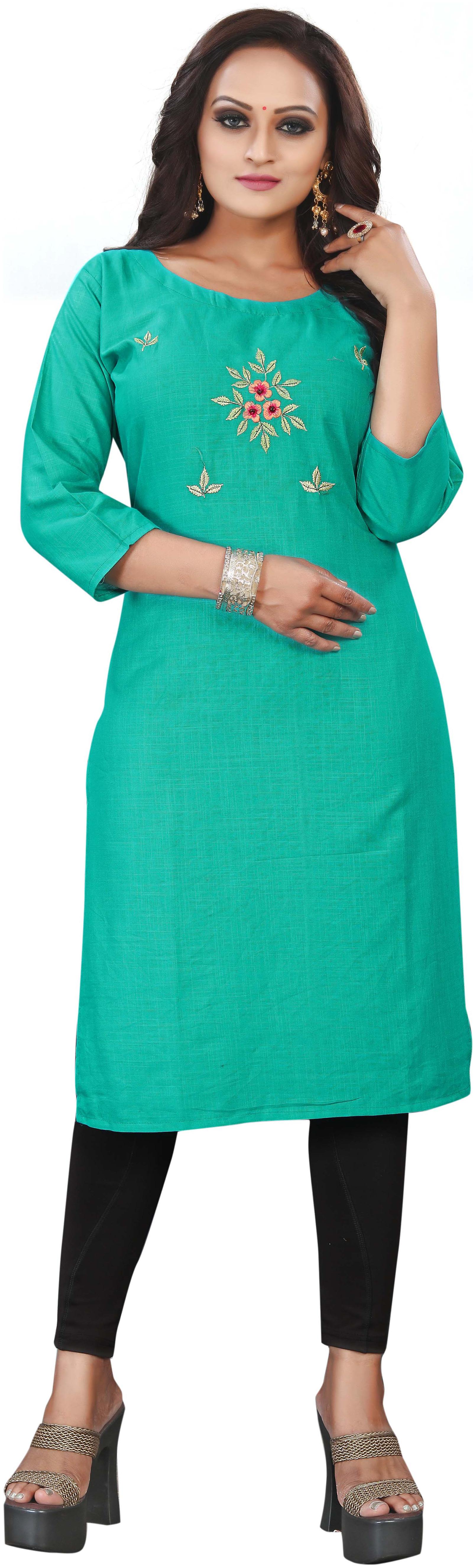 

STYLEOO Women Embroided Cotton Blend kurti Light Green-XL