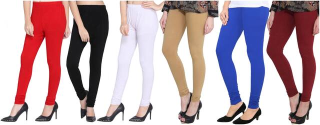Stylewell (Set Of 6) Solid/Plain Soft And Premium (Multicolor) Cotton Comfort & Stretchable Wear Churidar Leggings For Women's And Girl's (Size; Medium, Large, XL)