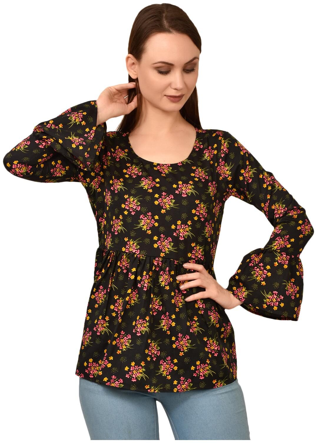 

Styllry Crepe Black Floral A Line For Women